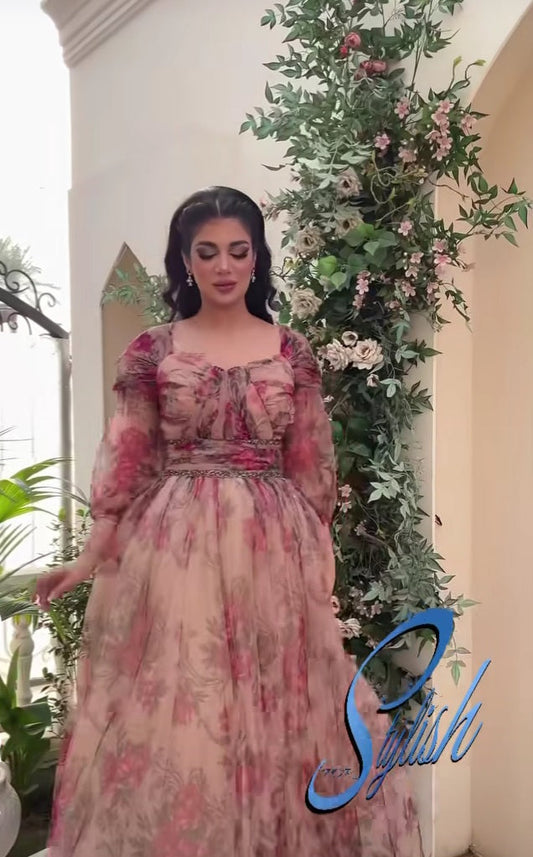 فستان شيفون بطبعات ورود